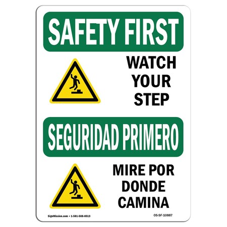 Signmission OSHA Sign, Watch Your Step W/ Symbol Bilingual, 5in X 3.5in Decal, 5" W, 3.5" H, Landscape OS-SF-D-35-L-10887